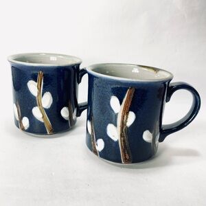 Pair Vintage Otagiri Hand-painted Stoneware Mugs Blue Brown White Branches
